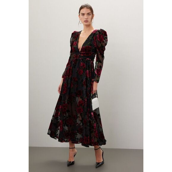 Rachel Purcell Black and Red Floral Velvet Burnout Maxi Dress - Picture 1 of 9